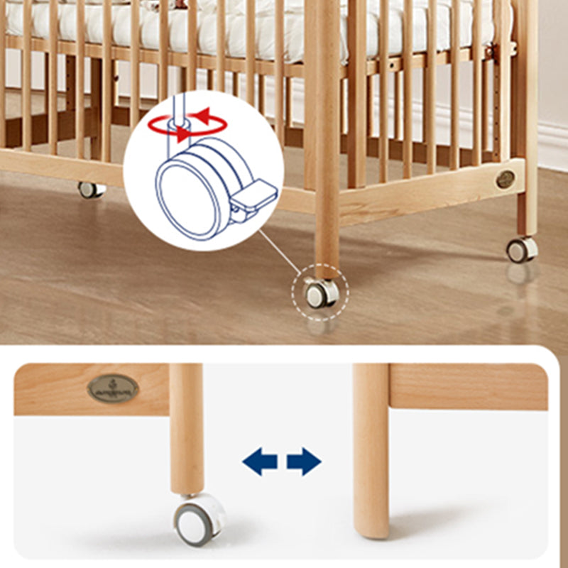 Contemporary Natural Wooden Baby Crib with Wheels and Storage