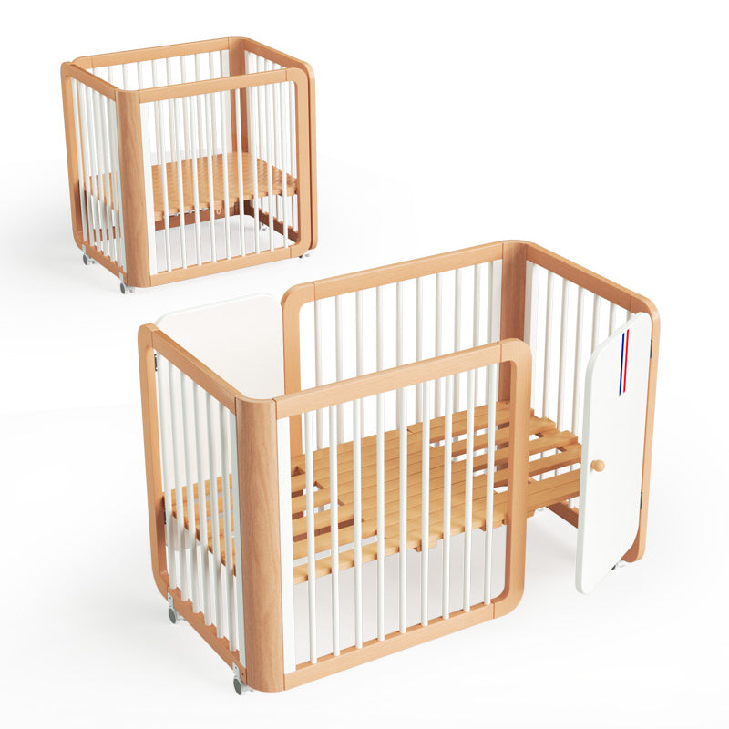 Scandinavian with Casters/Wheels Crib Light Wood with Guardrail Nursery Crib