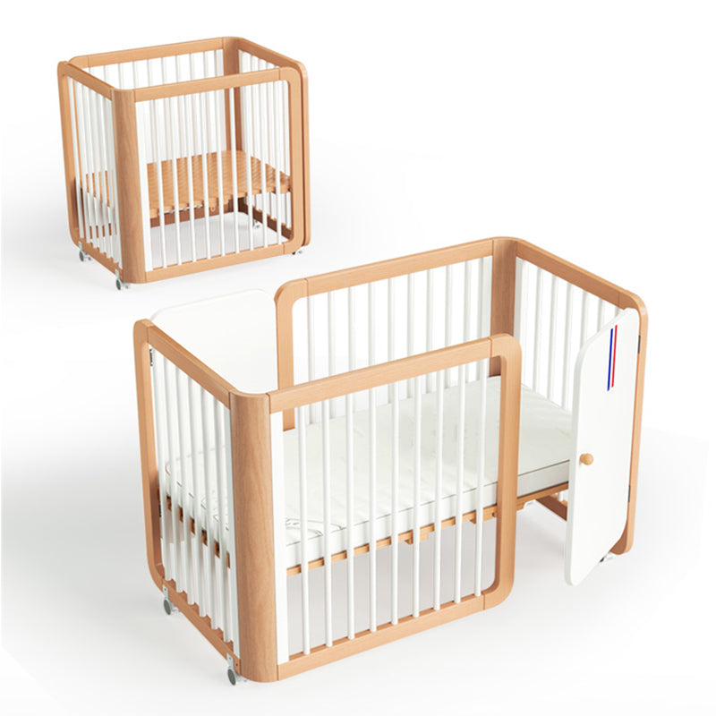 Scandinavian with Casters/Wheels Crib Light Wood with Guardrail Nursery Crib