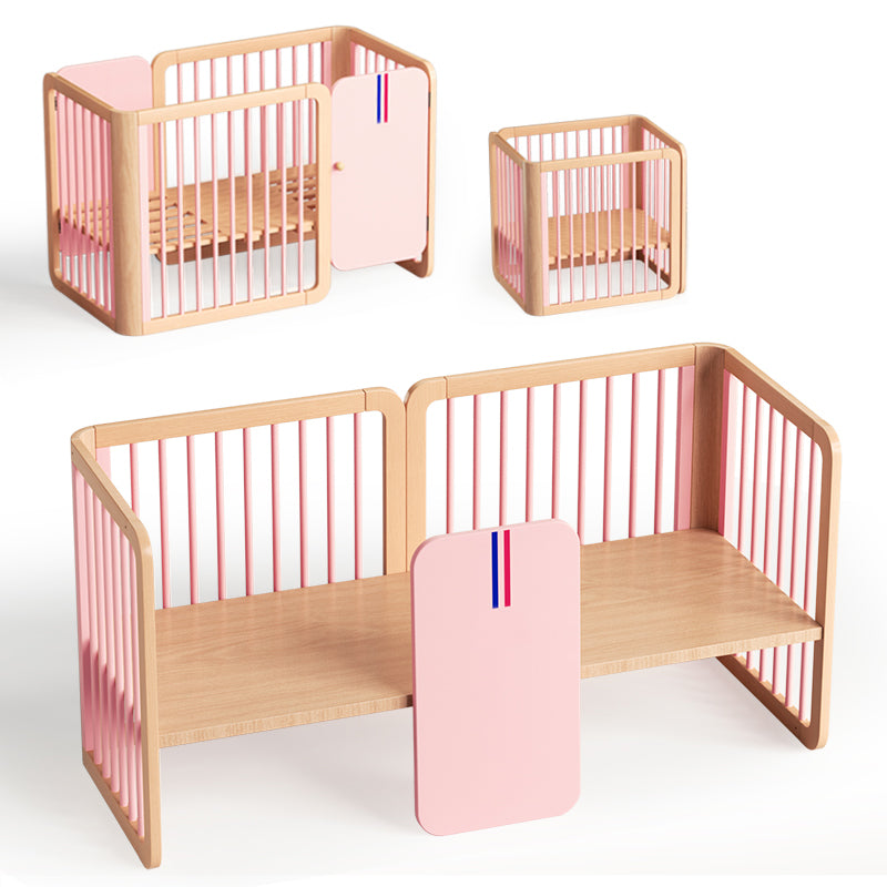 Scandinavian with Casters/Wheels Crib Light Wood with Guardrail Nursery Crib