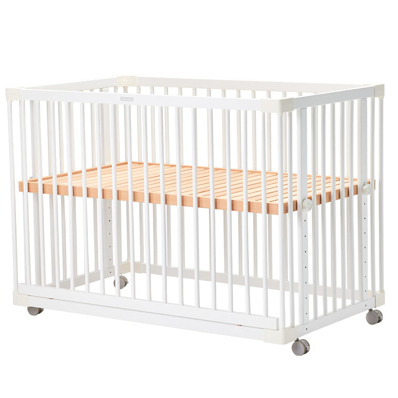 Scandinavian Crib with Guardrail White Wood with Casters/Wheels Nursery Crib