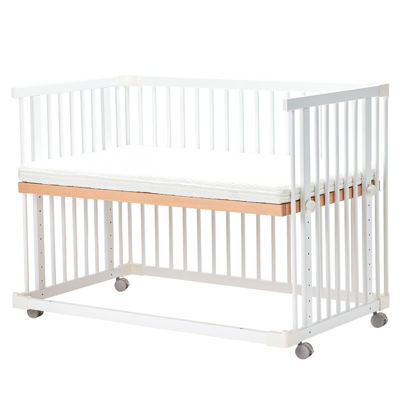 Scandinavian Crib with Guardrail White Wood with Casters/Wheels Nursery Crib