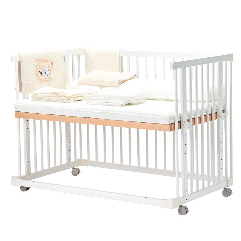 Scandinavian Crib with Guardrail White Wood with Casters/Wheels Nursery Crib