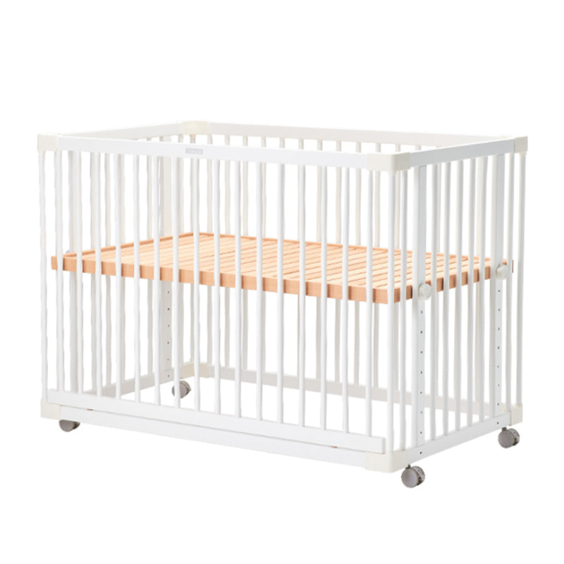 Scandinavian Crib with Guardrail White Wood with Casters/Wheels Nursery Crib