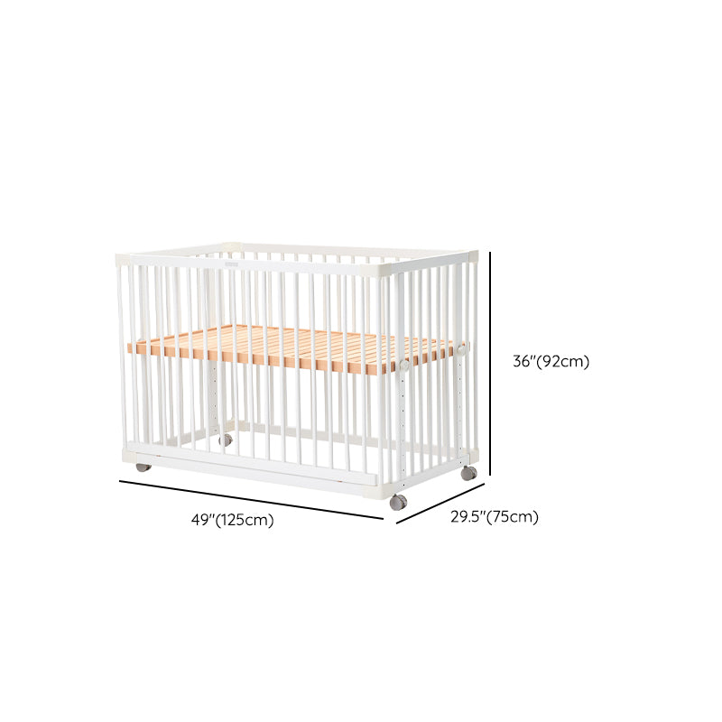 Scandinavian Crib with Guardrail White Wood with Casters/Wheels Nursery Crib