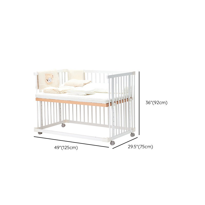 Scandinavian Crib with Guardrail White Wood with Casters/Wheels Nursery Crib