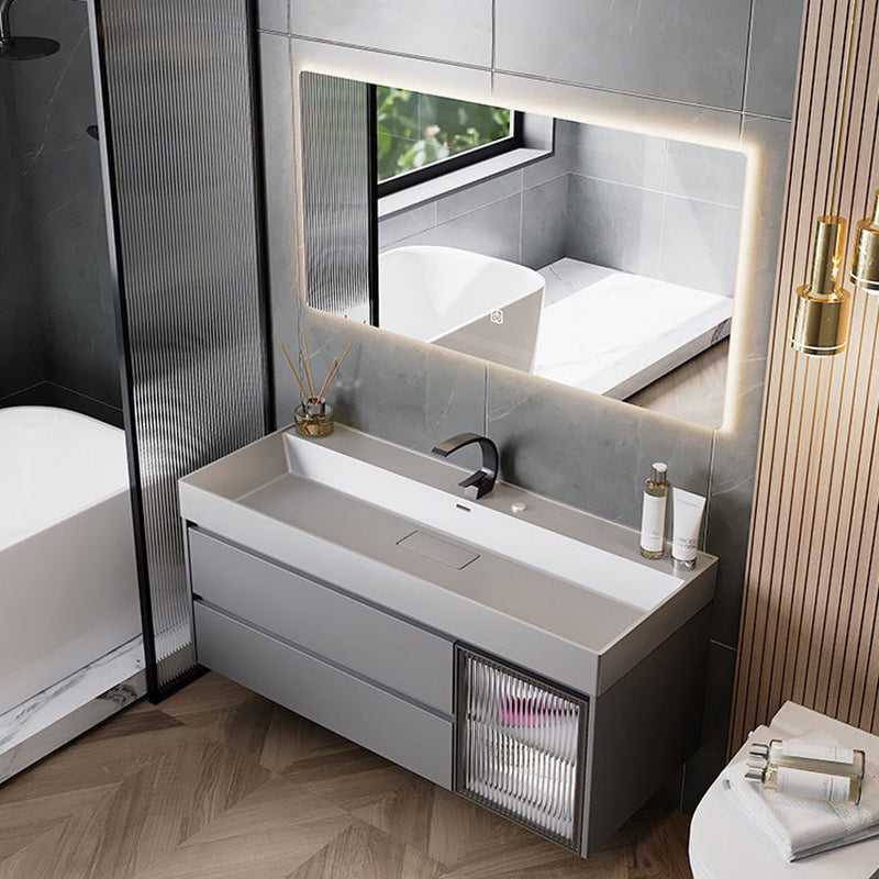Drawers Bathroom Vanity Metal Single Sink Grey Rectangle Wall Mount Vanity Set with Mirror