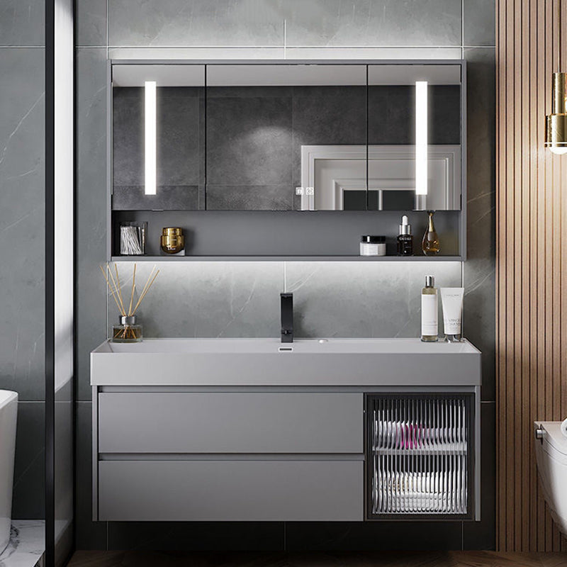 Drawers Bathroom Vanity Metal Single Sink Grey Rectangle Wall Mount Vanity Set with Mirror