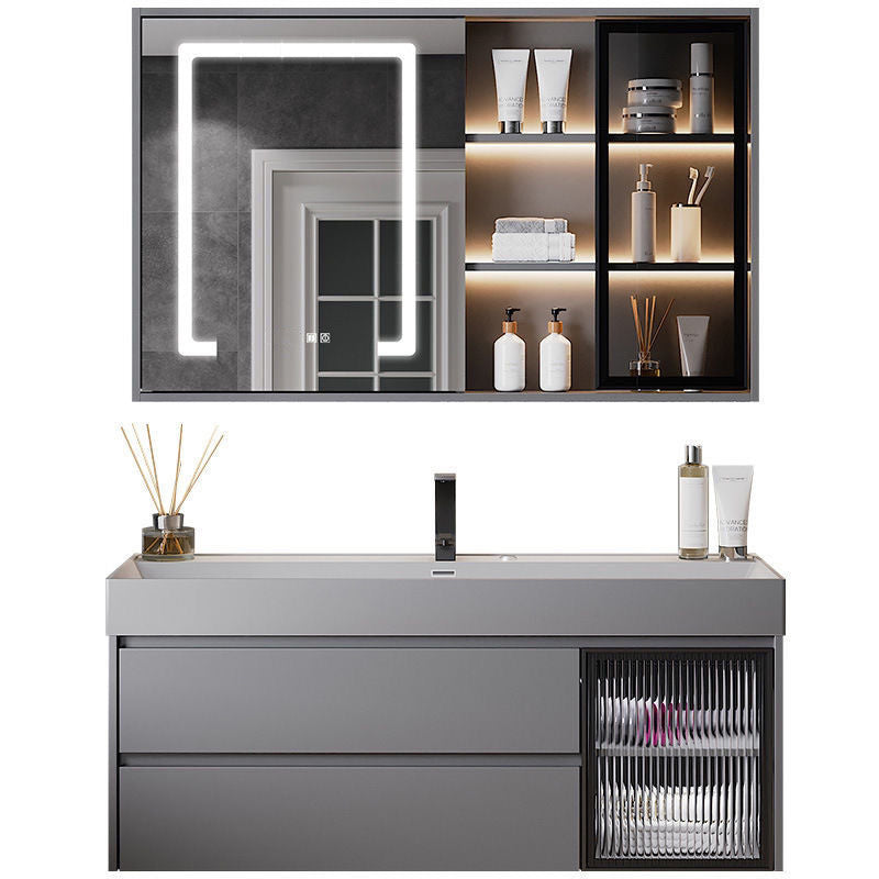 Drawers Bathroom Vanity Metal Single Sink Grey Rectangle Wall Mount Vanity Set with Mirror