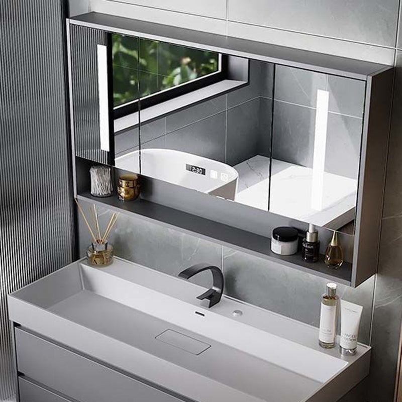 Drawers Bathroom Vanity Metal Single Sink Grey Rectangle Wall Mount Vanity Set with Mirror