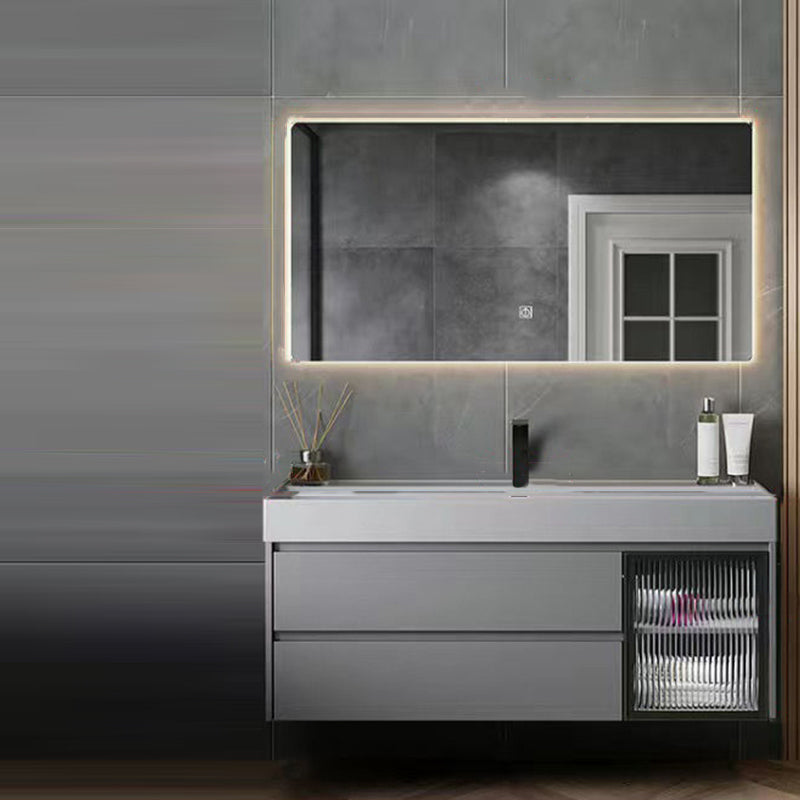 Drawers Bathroom Vanity Metal Single Sink Grey Rectangle Wall Mount Vanity Set with Mirror