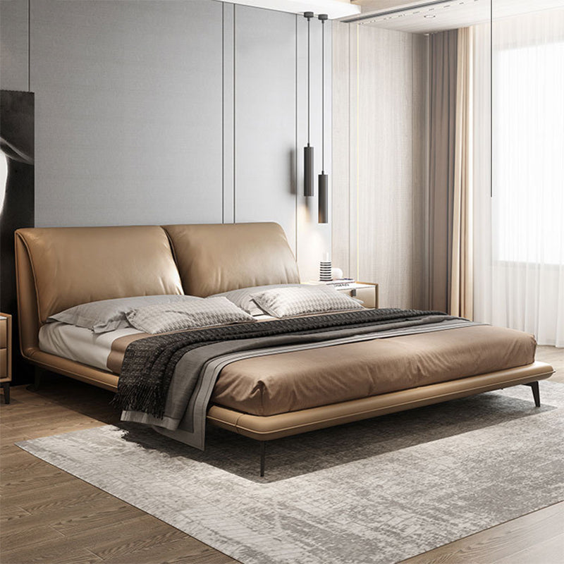 Genuine Leather Espresso Slat Bed Modern Standard Bed with Upholstered Headboard