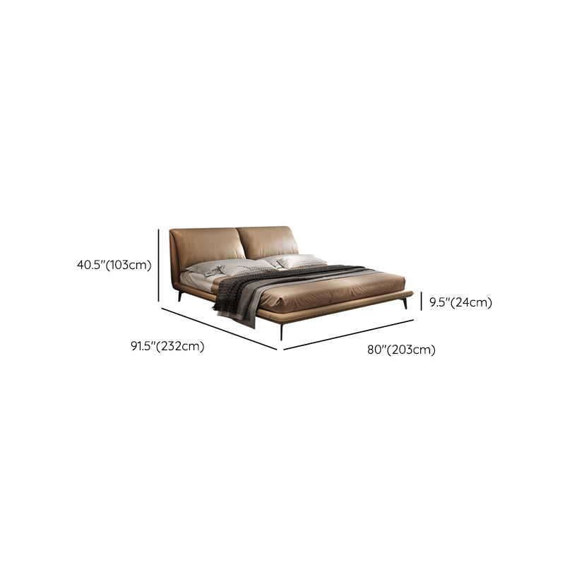 Genuine Leather Espresso Slat Bed Modern Standard Bed with Upholstered Headboard