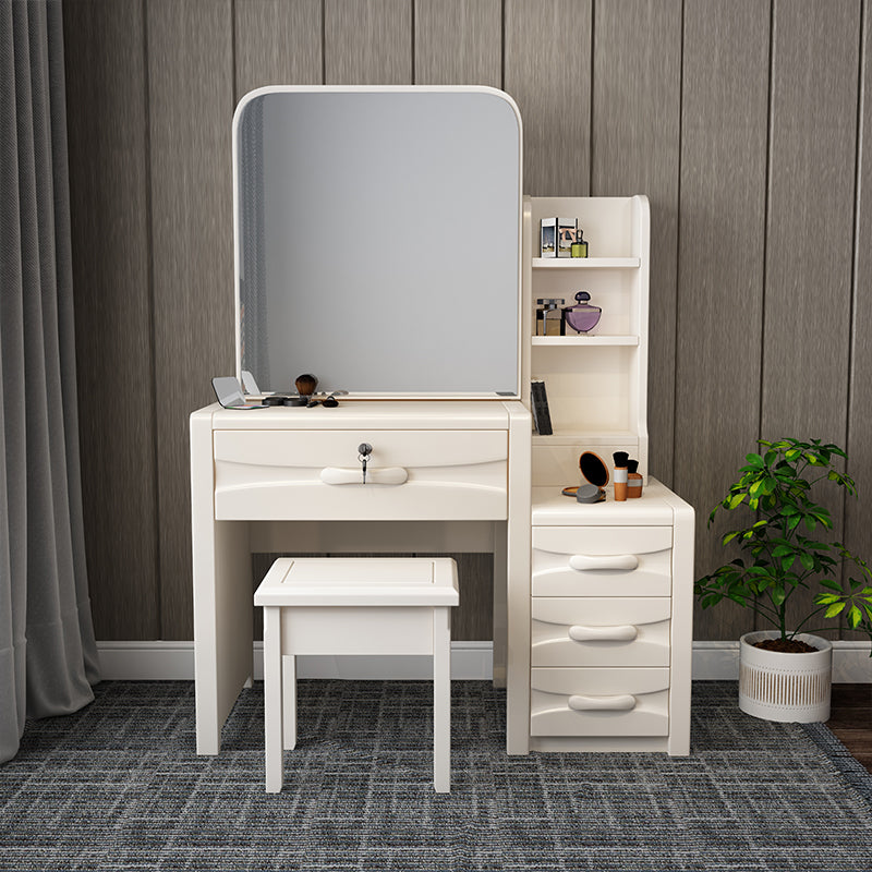 Traditional Rubberwood Make-up Vanity with Mirror and Stool,5 Drawers