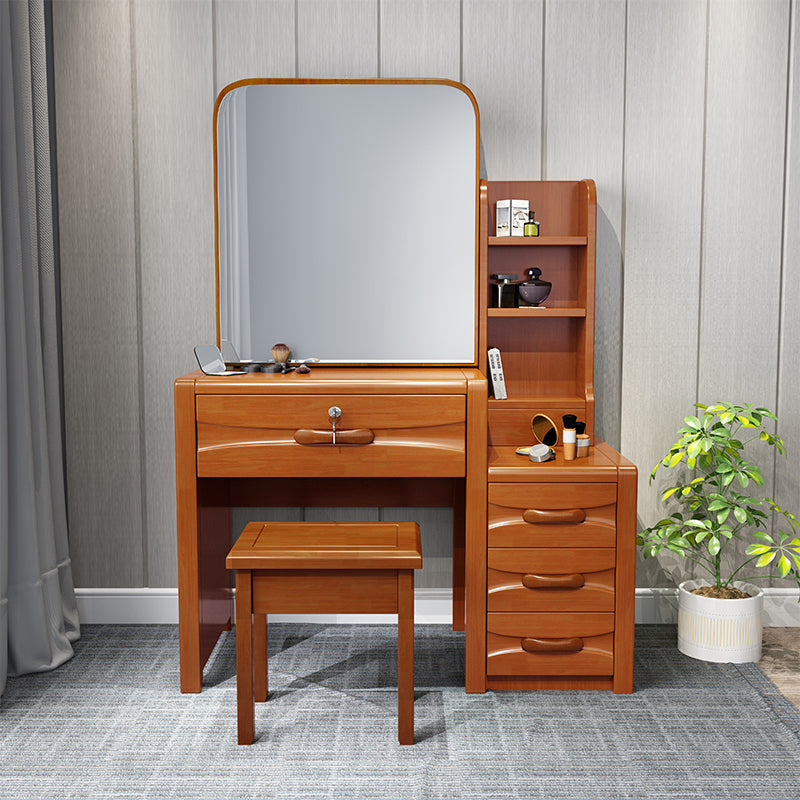 Traditional Rubberwood Make-up Vanity with Mirror and Stool,5 Drawers