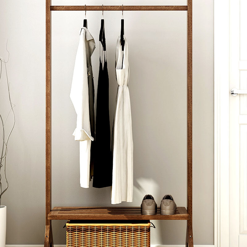 Contemporary Style Coat Hanger Double Shelves Solid Wood Coat Rack for Living Room