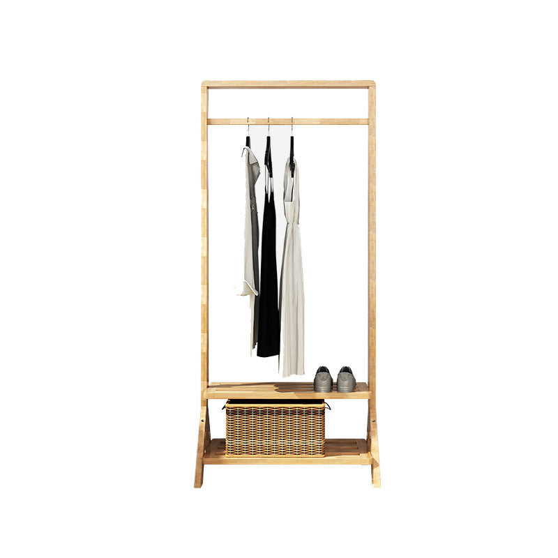 Contemporary Style Coat Hanger Double Shelves Solid Wood Coat Rack for Living Room