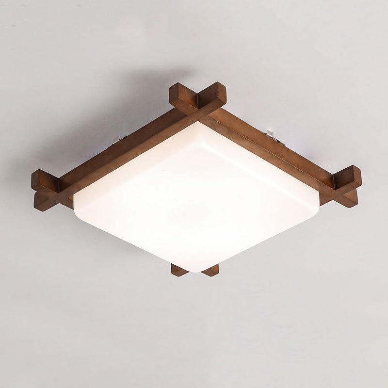 Square Shape Flush Mount Modern Style Wood 1 Light Flush Ceiling Light in Brown