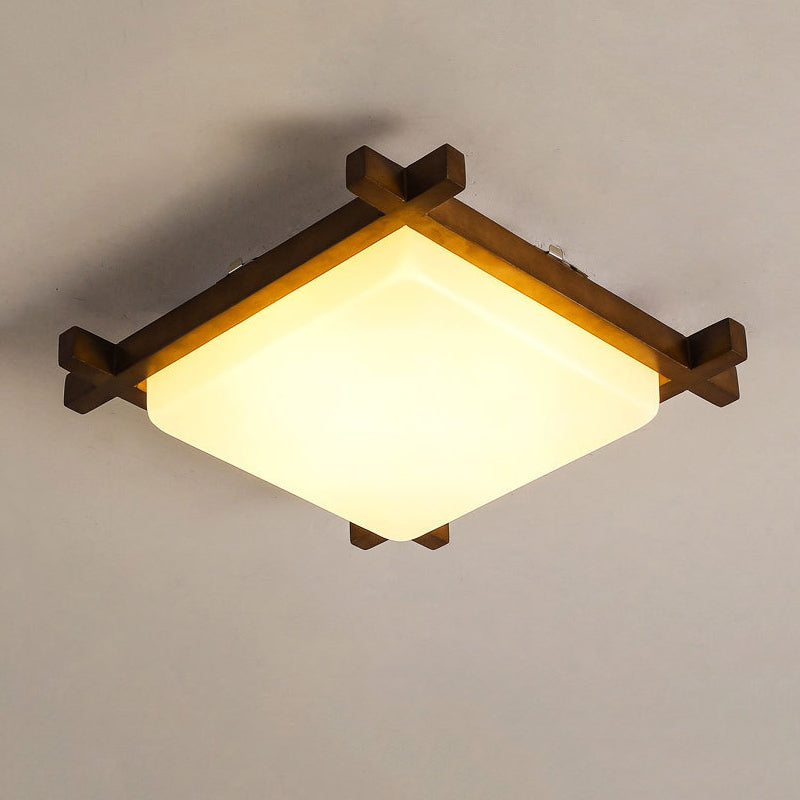 Square Shape Flush Mount Modern Style Wood 1 Light Flush Ceiling Light in Brown