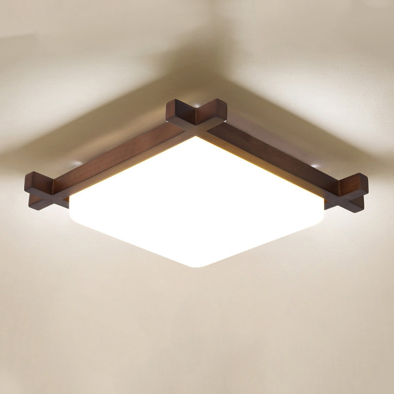 Square Shape Flush Mount Modern Style Wood 1 Light Flush Ceiling Light in Brown