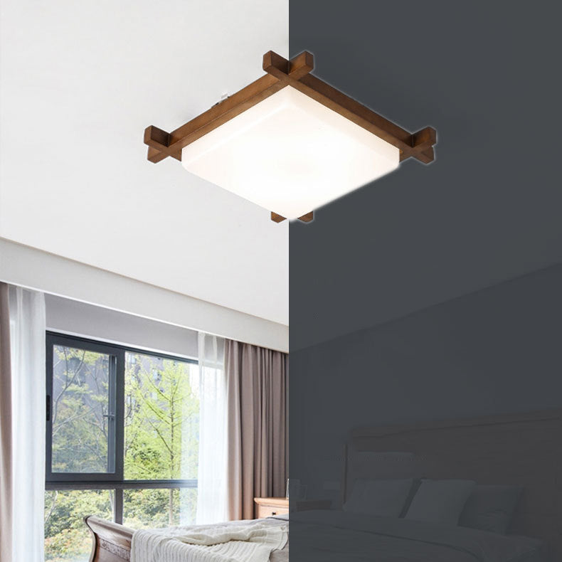 Square Shape Flush Mount Modern Style Wood 1 Light Flush Ceiling Light in Brown