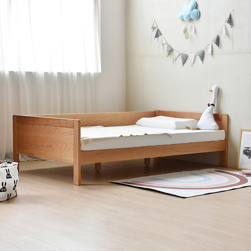 Contemporary Natural Standard Bed with Guardrail and Rectangle Headboard in Solid Wood