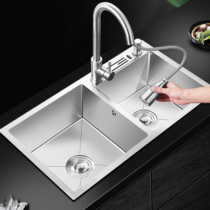 Double Basin Kitchen Sink with Basket Strainer 2 Holes Contemporary Sink