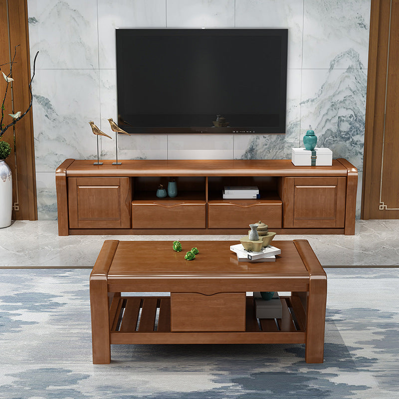 Traditional TV Console Rubber Wood Open Storage TV Stand Console for Living Room