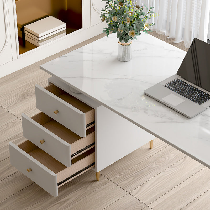 Glam White Office Desk Pedestal Writing Desk with 3 Storage Drawers