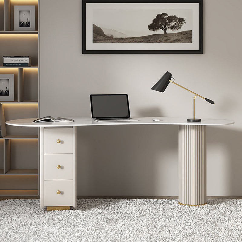 Contemporary Office Desk Stone Writing Desk in White with Drawers