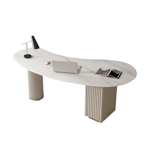 Contemporary Office Desk Stone Writing Desk in White with Drawers