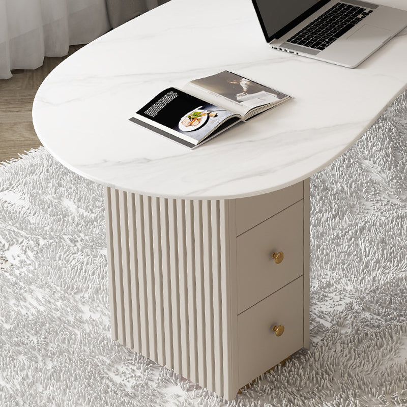 Contemporary Office Desk Stone Writing Desk in White with Drawers