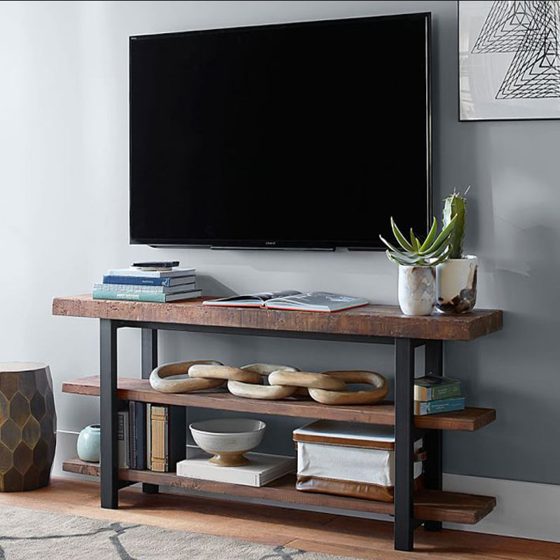 Industrial Pine TV Stand Console Open Storage TV Media Stand with Shelves for Living Room