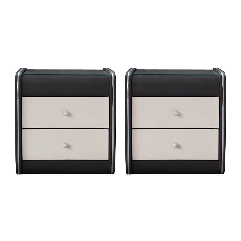 2 Drawers Contemporary Nightstand Glass Top Night Table ,19" Tall