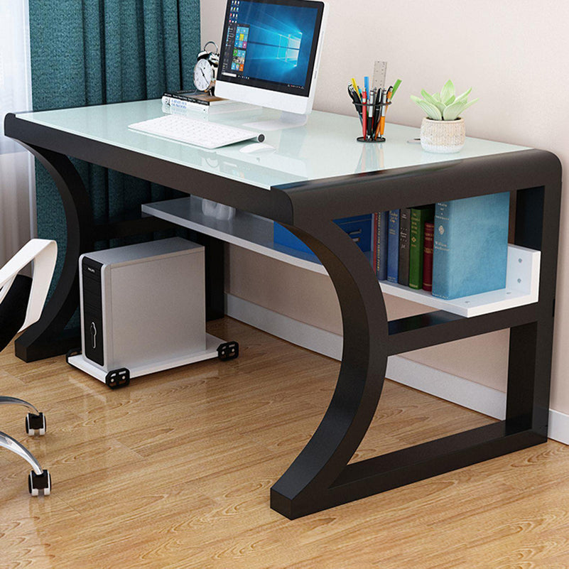 Contemporary Office Desk Antique Finish Glass Top Computer Desk with Metal Legs