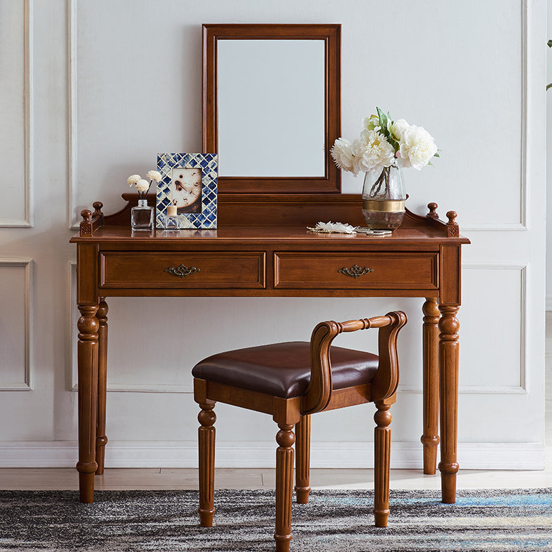 Traditional 2-Drawer Brown Solid Wood Dressing Table with Mirror Makeup Vanity Stool