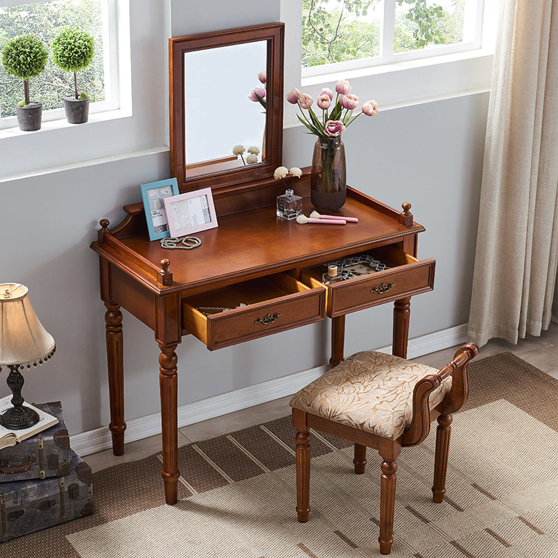 Traditional 2-Drawer Brown Solid Wood Dressing Table with Mirror Makeup Vanity Stool