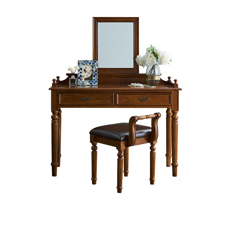 Traditional 2-Drawer Brown Solid Wood Dressing Table with Mirror Makeup Vanity Stool