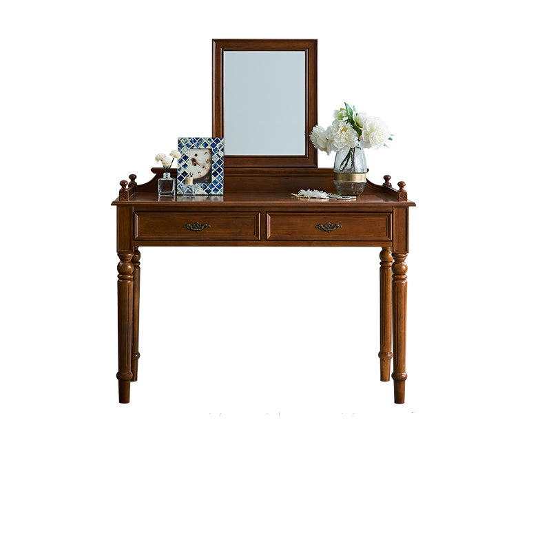 Traditional 2-Drawer Brown Solid Wood Dressing Table with Mirror Makeup Vanity Stool