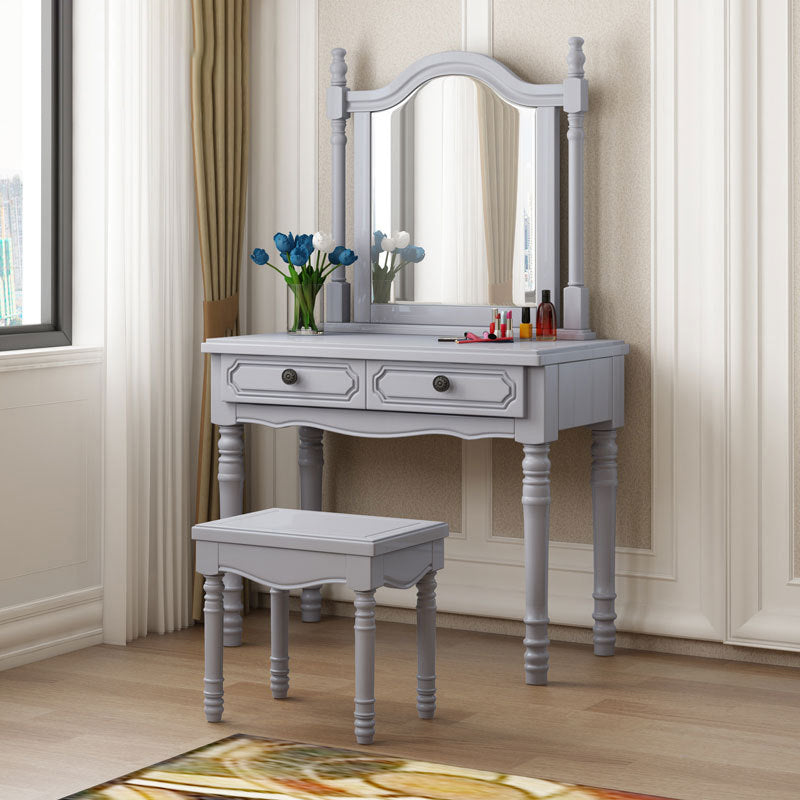 Traditional 2-Drawer Wood Dressing Table with Mirror Makeup Vanity Stool