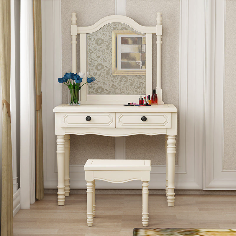 Traditional 2-Drawer Wood Dressing Table with Mirror Makeup Vanity Stool