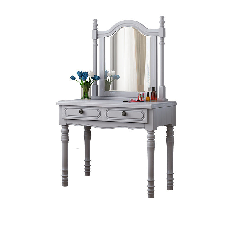 Traditional 2-Drawer Wood Dressing Table with Mirror Makeup Vanity Stool