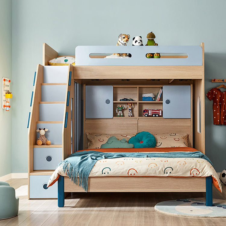 Scandinavian Wood Bunk Bed Blue Bed with with Guardrail and Stairway