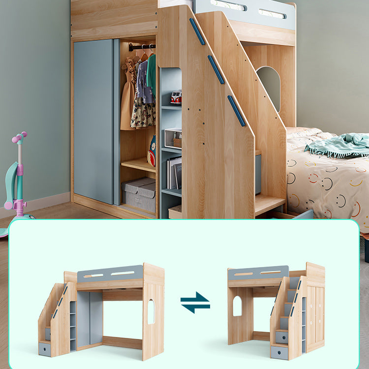 Scandinavian Wood Bunk Bed Blue Bed with with Guardrail and Stairway