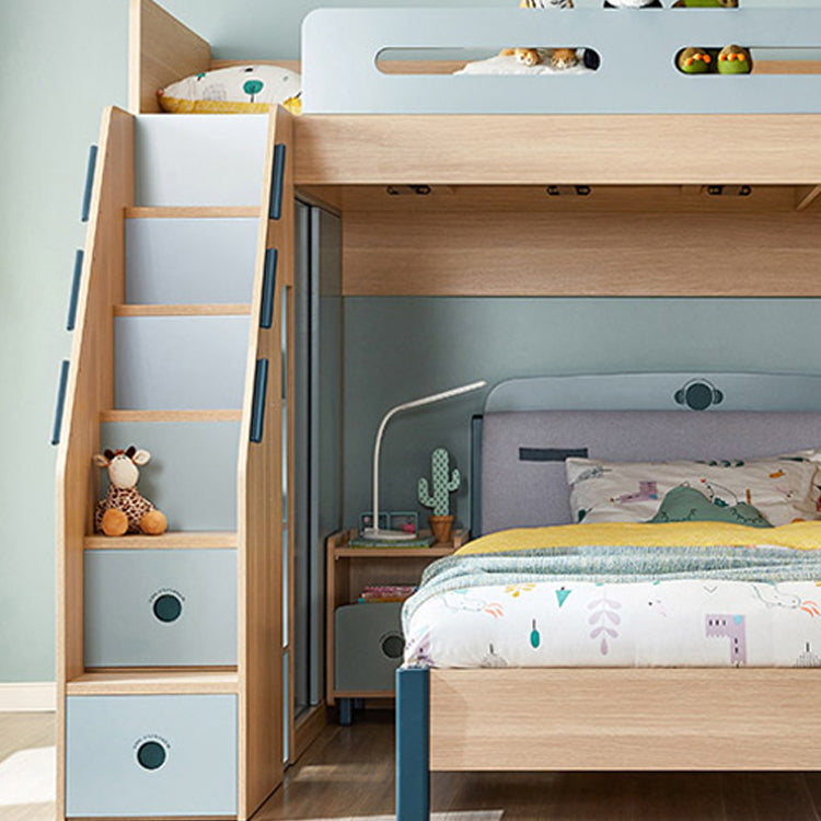 Scandinavian Wood Bunk Bed Blue Bed with with Guardrail and Stairway