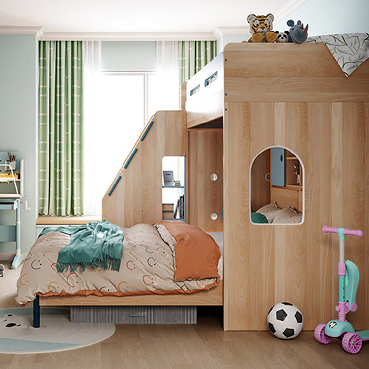 Scandinavian Wood Bunk Bed Blue Bed with with Guardrail and Stairway