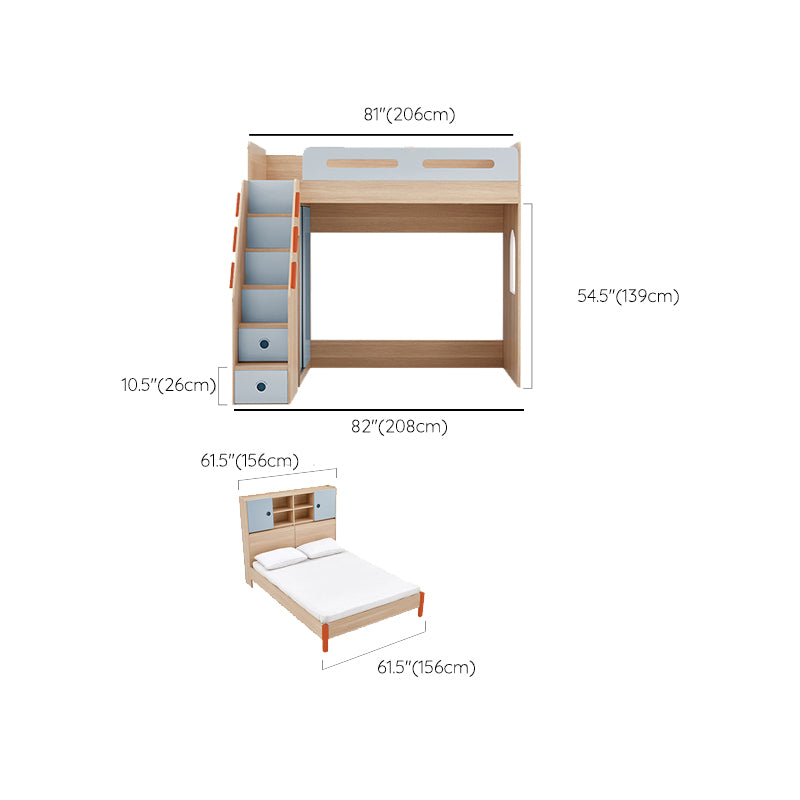 Scandinavian Wood Bunk Bed Blue Bed with with Guardrail and Stairway