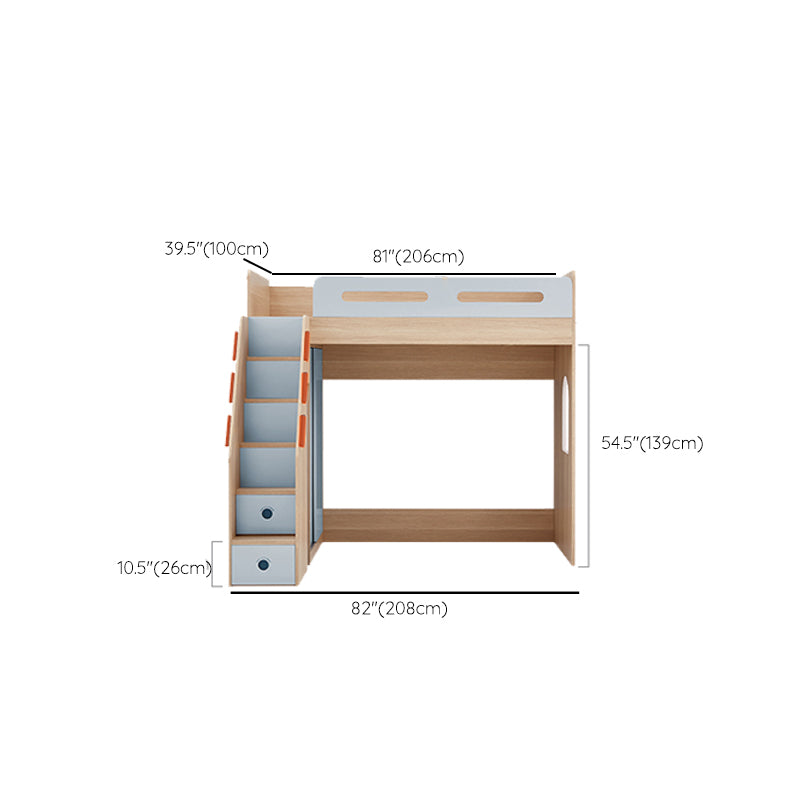 Scandinavian Wood Bunk Bed Blue Bed with with Guardrail and Stairway