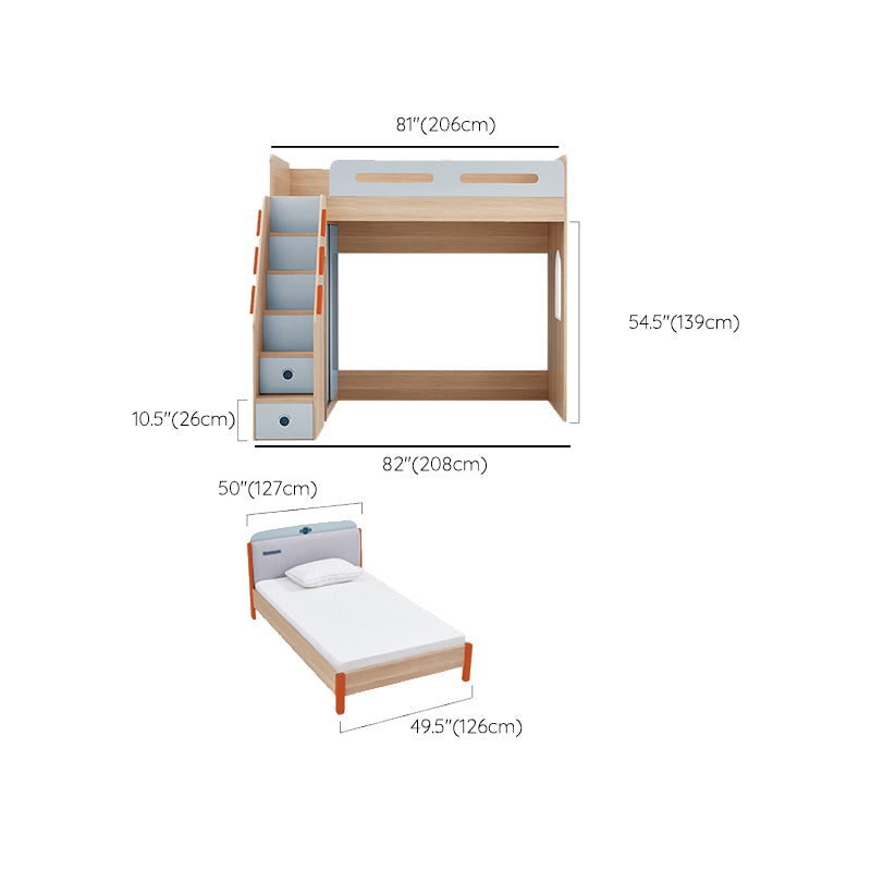 Scandinavian Wood Bunk Bed Blue Bed with with Guardrail and Stairway