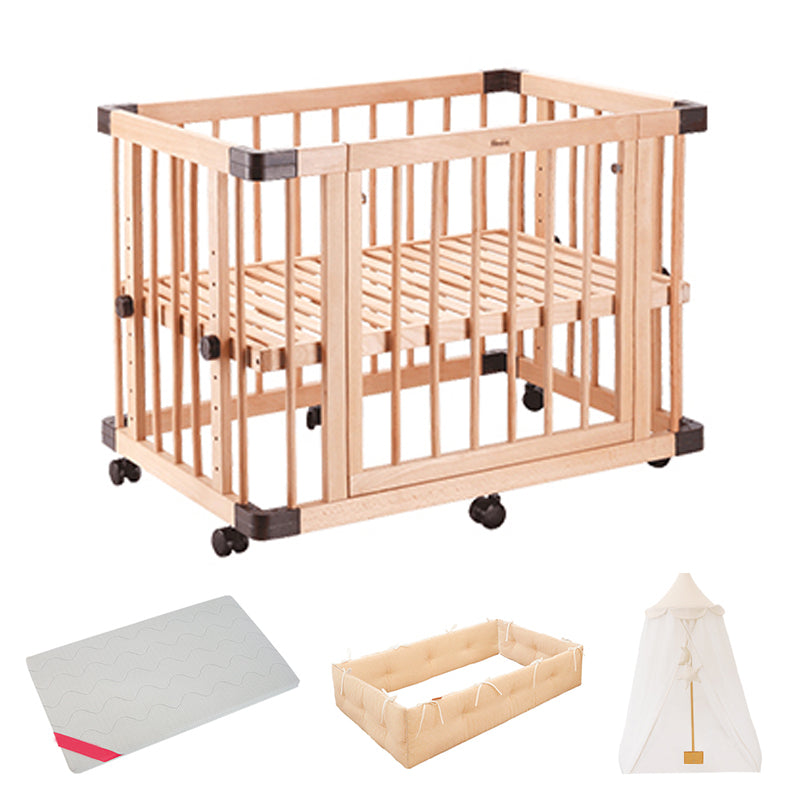 Farmhouse Nursery Bed Standard Light Wood Baby Crib with Casters